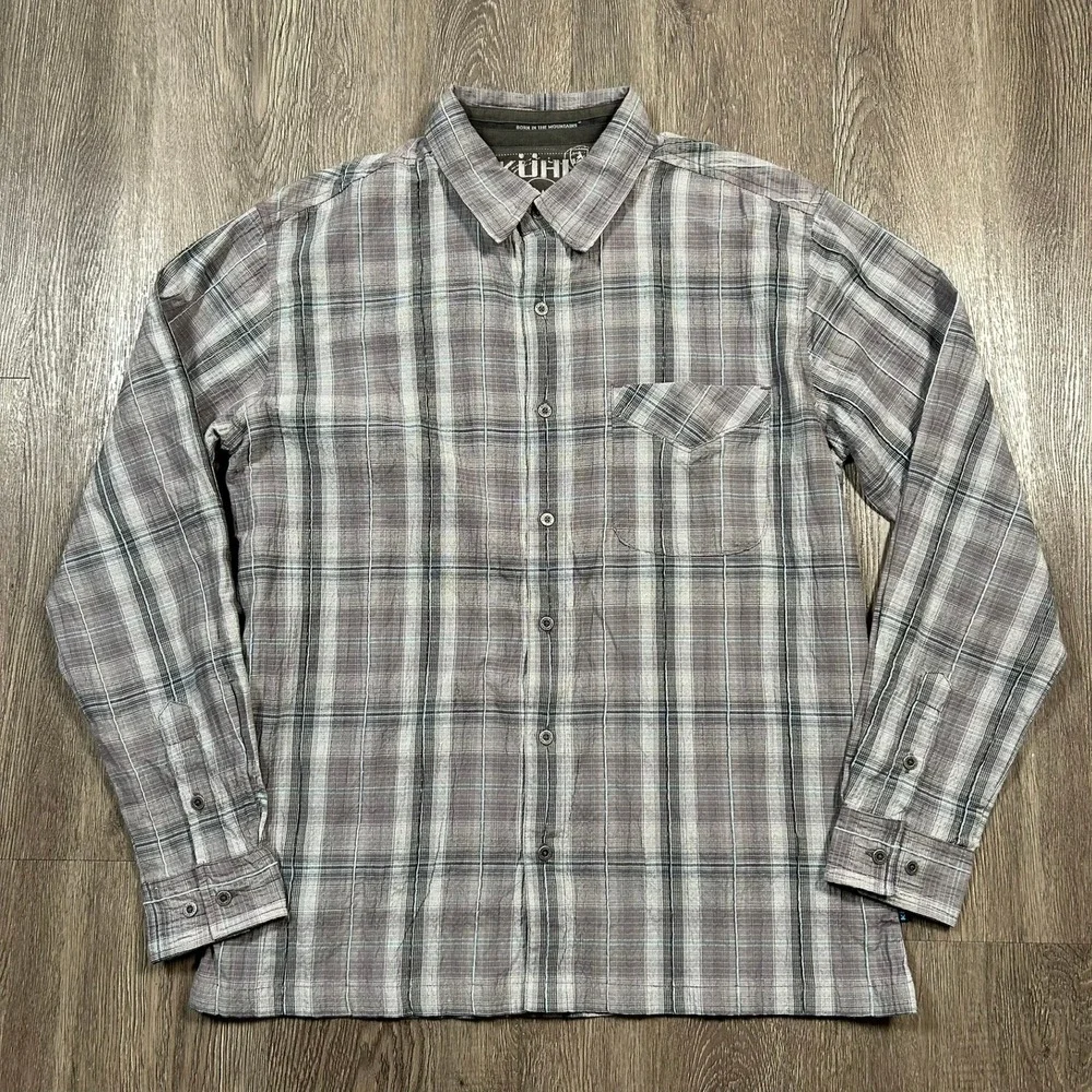 KUHL Button Down Shirt Large Grey Plaid Long Sleeve Mountain Grown Stretch